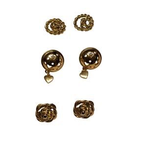 Vintage Gold Tone Earring Lot – 3 Pairs – Hearts, Roses, Rope Knot Design